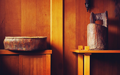 Image showing Vintage baskets and other tools used on an old Chinese salt farm