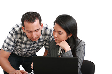 Image showing portrait of confident business woman explaining a project to col