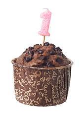 Image showing Chocolate muffin with birthday candle for one year old
