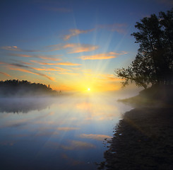 Image showing beautiful fog sunrise on river