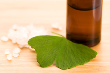 Image showing fresh leaves ginko biloba essential oil and sea salt - beauty tr