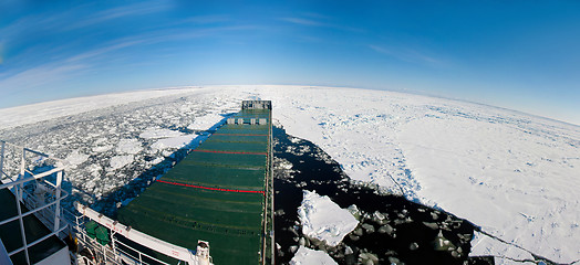 Image showing Panoramic shot of a ship navigating in ice.