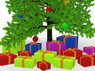 Image showing Christmas gifts under decorated Christmas tree 