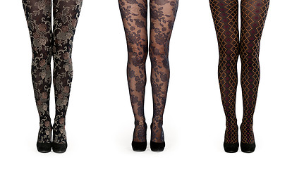 Image showing A collage made up of three pairs of female legs in pantyhose and