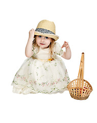 Image showing little girl in a straw hat with a basket woven