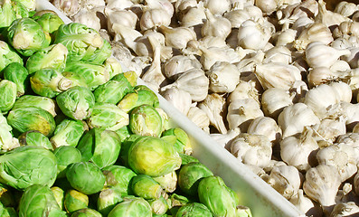 Image showing Brussel sprouts and garlic