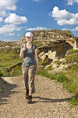 Image showing Hiker in badlands of Alberta, Canada