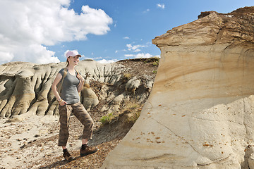 Image showing Hiker in badlands of Alberta, Canada