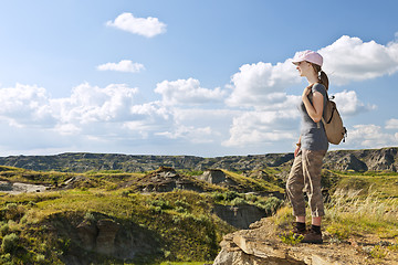 Image showing Hiker in badlands of Alberta, Canada