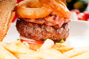 Image showing classic hamburger sandwich and fries