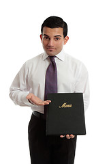 Image showing Business restaurant owner presenting a menu