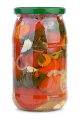 Image showing Glass jar with marinated tomatoes and vegetables