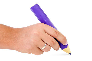 Image showing Hand with big violet wooden pencil