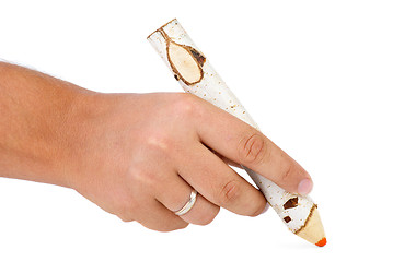 Image showing Hand hold fancy birch pencil