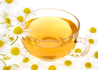 Image showing Cup of chamomile tea over white background