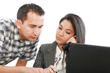 Image showing business woman giving a working advice to young man 