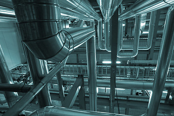 Image showing Industrial zone, Steel pipelines in blue tones