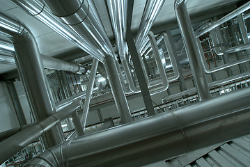 Image showing Industrial zone, Steel pipelines in blue tones  