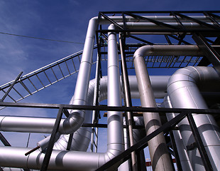 Image showing Industrial zone, Steel pipelines in blue tones