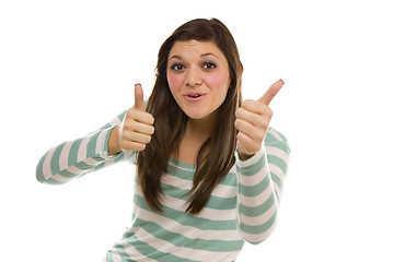 Image showing Excited Ethnic Female with Thumbs Up on White