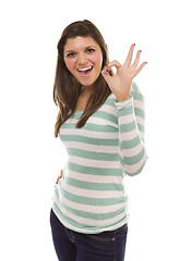 Image showing Smiling Ethnic Female with Okay Hand Sign on White