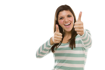 Image showing Excited Ethnic Female with Thumbs Up on White