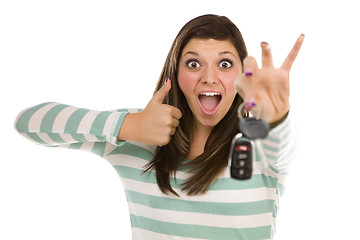 Image showing Ethnic Female with Car Keys and Thumbs Up on White