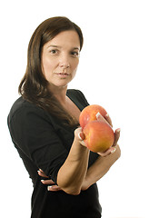 Image showing attractive woman with peaches fresh fruit