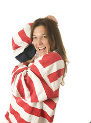 Image showing patriotic American woman with USA flag