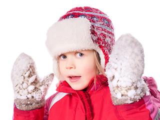 Image showing girl wearing mittens with snow 