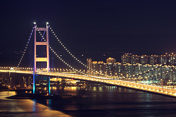 Image showing Beautiful night scenes of Tsing Ma Bridge in Hong Kong. 