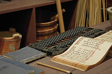 Image showing abacus and book on the table in a chinese old shop 