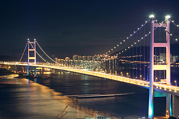 Image showing Beautiful night scenes of Tsing Ma Bridge in Hong Kong. 