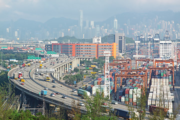 Image showing container terminal and stonecutter bridge in Hong Kong 