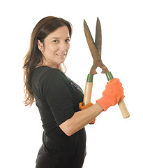 Image showing middle age  woman gardener with hand shears cutter