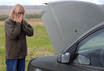 Image showing Woman and Her Broken Car