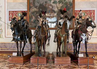 Image showing The exhibition in the Hermitage Museum, four horsemen in armor.