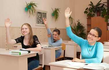 Image showing schoolgirl in class raised their hands