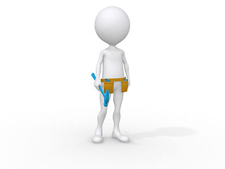 Image showing young handyman with tool belt and his hammer, 3d image