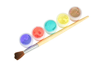 Image showing Five cans  of paint and brush