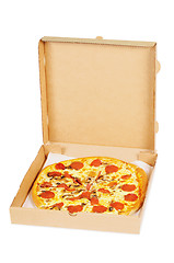 Image showing Pizza  with  pepperoni in a box