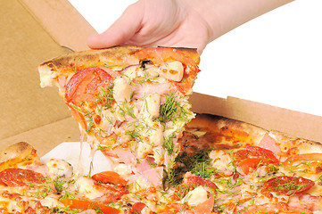 Image showing Pizza in a box and slice of pizza in hand