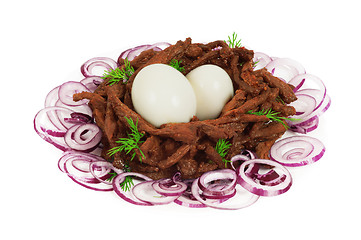 Image showing Meat sticks decorated in the form of bird nest