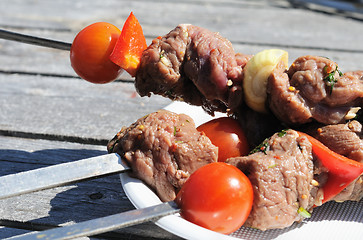 Image showing Kebabs, threaded on a skewer