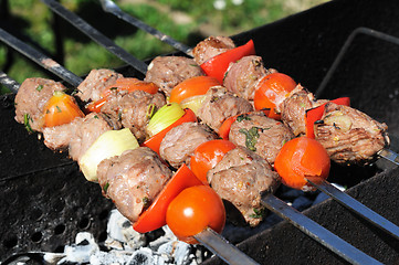 Image showing Kebabs, threaded on a skewer