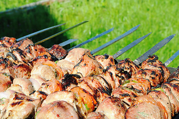 Image showing Kebabs, threaded on a skewer