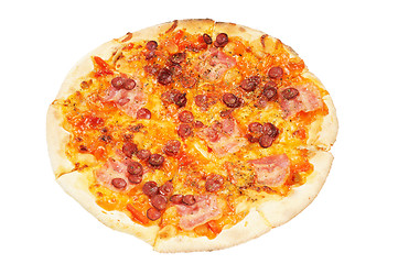 Image showing A whole pizza  with  sausage  and bacon