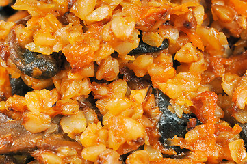 Image showing Buckwheat with mushrooms macro