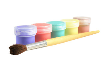 Image showing Five cans  of paint and brush