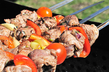 Image showing Kebabs, threaded on a skewer